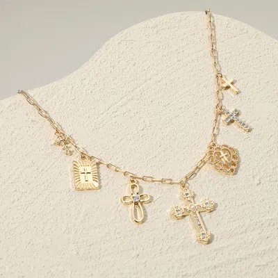 Fashnzfab Stone Paved Cross Charm Station Necklace In Gold
