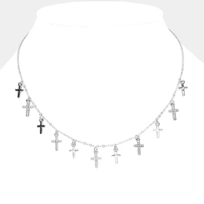 Fashnzfab Stone Paved Cross Charm Station Necklace In Metallic