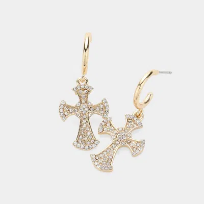 Fashnzfab Stone Paved Cross Dangle Earrings - Gold