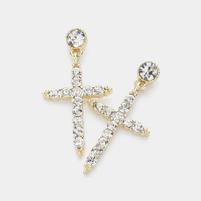 Fashnzfab Stone Paved Cross Dangle Earrings - Gold