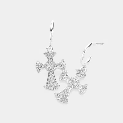 Fashnzfab Stone Paved Cross Dangle Earrings - Rhodium In Silver