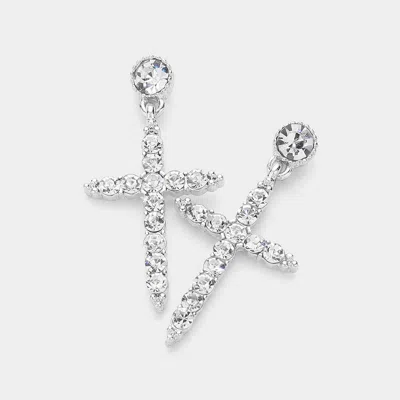 Fashnzfab Stone Paved Cross Dangle Earrings - Silver