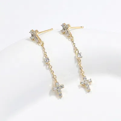 Fashnzfab Stone Paved Cross Link Dropdown Brass Earrings - Clear, Gold