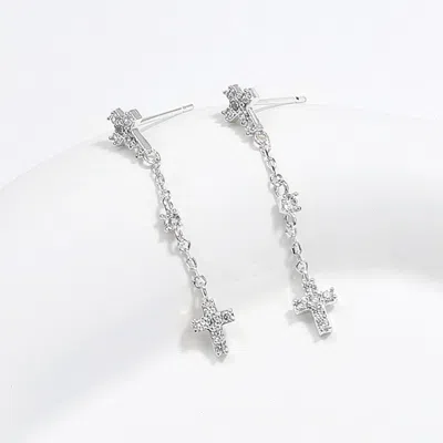 Fashnzfab Stone Paved Cross Link Dropdown Brass Earrings - Clear, Rhodium In Metallic