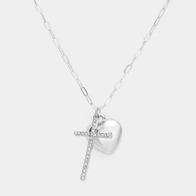 Fashnzfab Stone Paved Cross Metal Heart Pendant Necklace In Metallic