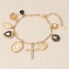 Fashnzfab Stone Paved Cross Oval Locket Heart Coin Medallion Charm Station Paperclip Chain Bracelet Black, Mat In Multi