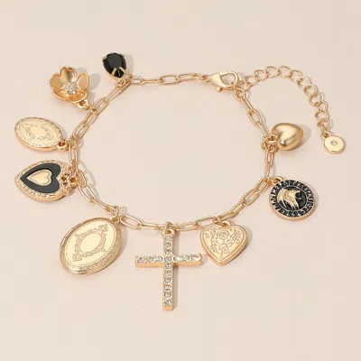 Fashnzfab Stone Paved Cross Oval Locket Heart Coin Medallion Charm Station Paperclip Chain Bracelet Black, Mat In Multi