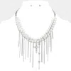 Fashnzfab Stone Paved Cross Pointed Metal Heart Chain Fringe Beaded Pearl Layered Necklace In Silver