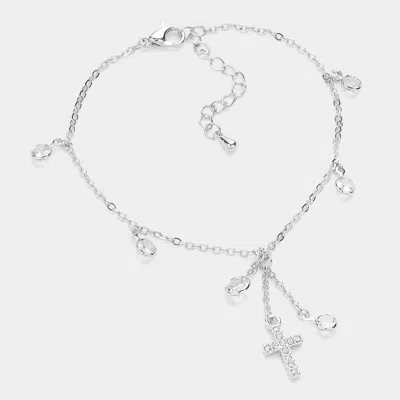 Fashnzfab Stone Paved Cross Stone Bezel Charm Dangle Bracelet Clear, Rhodium In Silver