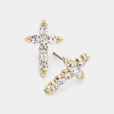 Fashnzfab Stone Paved Cross Stud Earrings In Gold
