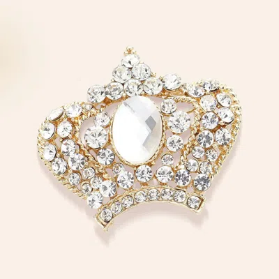 Fashnzfab Stone Paved Crown Pin Brooch In Gold
