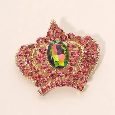 Fashnzfab Stone Paved Crown Pin Brooch In Pink