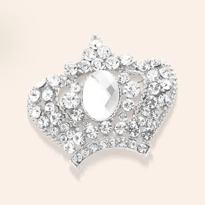 Fashnzfab Stone Paved Crown Pin Brooch In White
