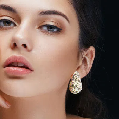 Fashnzfab Stone Paved Curved Teardrop Earrings - Ab, Rhodium In Gold
