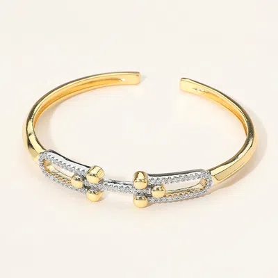 Fashnzfab Stone Paved Double Hardware Accent Cuff Bracelet In Silver