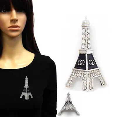 Fashnzfab Stone Paved Eiffel Tower Pointed Pin Brooch In Black