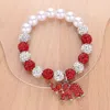 Fashnzfab Stone Paved Elephant Charm Pointed Pearl Shamballa Ball Beaded Stretch Bracelet Red, White In Multi