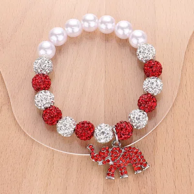 Fashnzfab Stone Paved Elephant Charm Pointed Pearl Shamballa Ball Beaded Stretch Bracelet Red, White In Multi