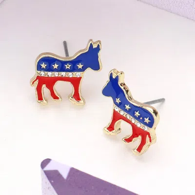Fashnzfab Stone Paved Enamel American Usa Democrat Donkey Stud Earrings - Gold, Multi
