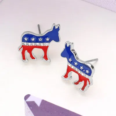 Fashnzfab Stone Paved Enamel American Usa Democrat Donkey Stud Earrings - Multi, Rhodium