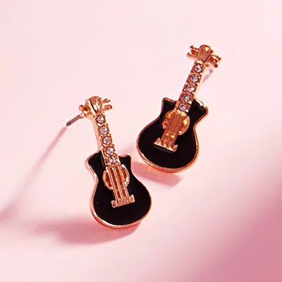 Fashnzfab Stone Paved Enamel Guitar Stud Earrings In Black