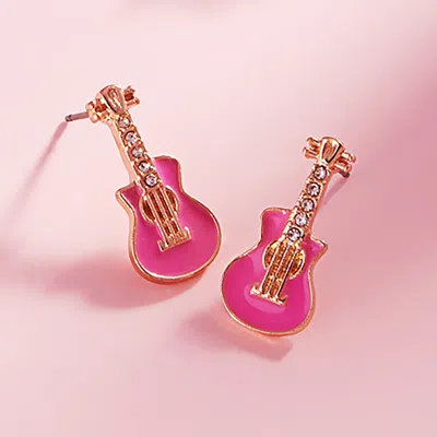 Fashnzfab Stone Paved Enamel Guitar Stud Earrings In Pink
