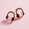 Fashnzfab Stone Paved Enamel Headphone Stud Earrings - Jet Black In Black