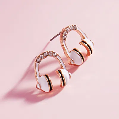 Fashnzfab Stone Paved Enamel Headphone Stud Earrings - White In Silver