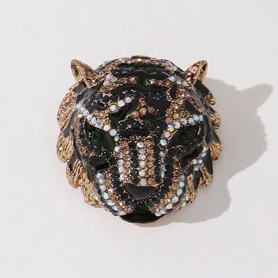 Fashnzfab Stone Paved Enamel King Tiger Pin Brooch In Black
