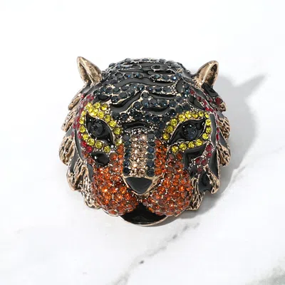 Fashnzfab Stone Paved Enamel King Tiger Pin Brooch In Red
