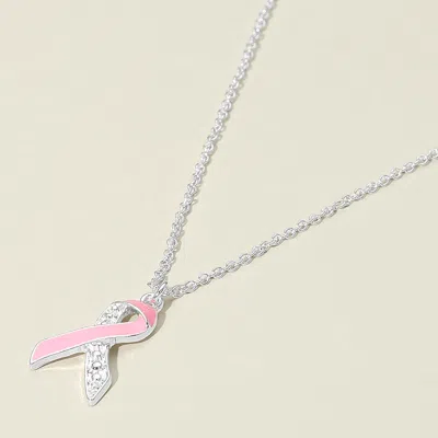 Fashnzfab Stone Paved Enamel Pink Ribbon Pendant Necklace In Multi