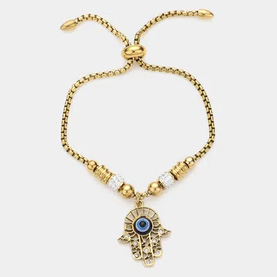 Fashnzfab Stone Paved Evil Eye Pendant Adjustable Pull Tie Bracelet In Gold