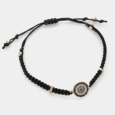 Fashnzfab Stone Paved Evil Eye Pointed Braided Adjustable Cinch Pull Tie Bracelet In Black