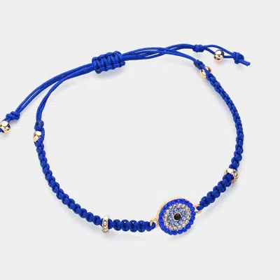 Fashnzfab Stone Paved Evil Eye Pointed Braided Adjustable Cinch Pull Tie Bracelet In Blue