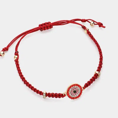 Fashnzfab Stone Paved Evil Eye Pointed Braided Adjustable Cinch Pull Tie Bracelet In Burgundy