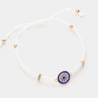 Fashnzfab Stone Paved Evil Eye Pointed Braided Adjustable Cinch Pull Tie Bracelet In White