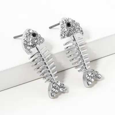 Fashnzfab Stone Paved Fishbone Stud Earrings - Clear, Rhodium In Silver