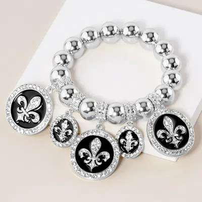 Fashnzfab Stone Paved Fleur De Lis Disc Charm Metal Ball Stretch Bracelet Rhodium In Multi