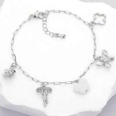 Fashnzfab Stone Paved Flower Bow Butterfly Quatrefoil Charm Station Bracelet Cream, Silver