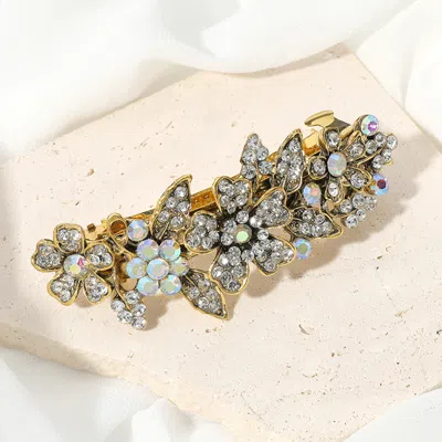 Fashnzfab Stone Paved Flower Leaves Embellished Barrette In Gold
