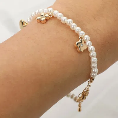 Fashnzfab Stone Paved Flower Metal Heart Charm Station Pearl Beaded Bracelet - Cream, Gold