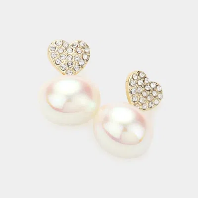 Fashnzfab Stone Paved Heart Pearl Dangle Earrings - Cream, Gold