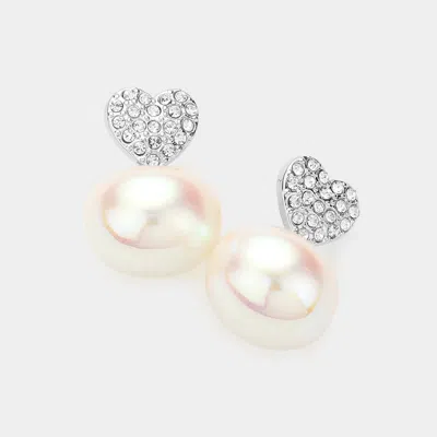 Fashnzfab Stone Paved Heart Pearl Dangle Earrings - Cream, Rhodium In Gold