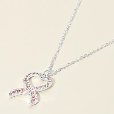 Fashnzfab Stone Paved Heart Pink Ribbon Pendant Necklace In Silver