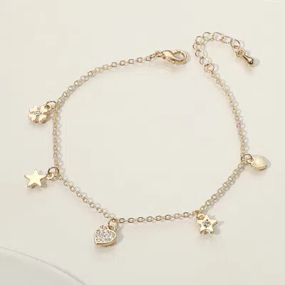 Fashnzfab Stone Paved Heart Star Clover Charm Station Bracelet Clear, Gold