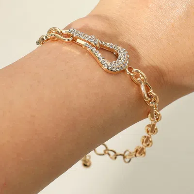 Fashnzfab Stone Paved Hook Accent Industrial Chain Bracelet Clear, Gold In Multi