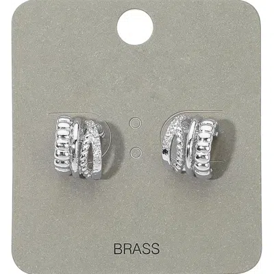 Fashnzfab Stone Paved Layered Textured Mini Half Hoop Earrings - Clear, Rhodium In Multi