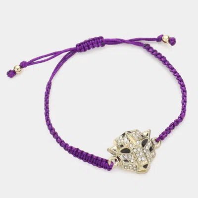 Fashnzfab Stone Paved Leopard Panther Head Pointed Thread Adjustable Cinch Pull Tie Bracelet Purple