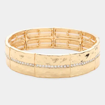 Fashnzfab Stone Paved Line Center Pointed Hammered Metal Stretch Bracelet Gold