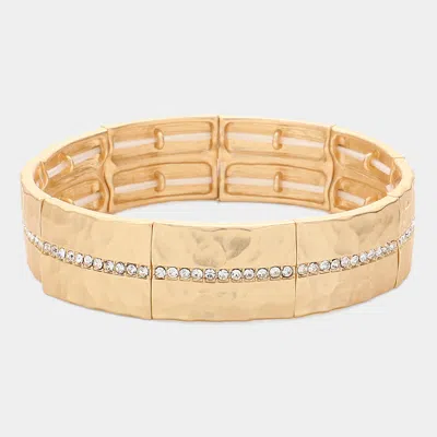 Fashnzfab Stone Paved Line Center Pointed Hammered Metal Stretch Bracelet Matte Gold In Multi